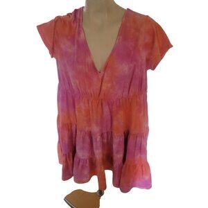 Wild Fable Pink & Orange Tie-Dye Tiered Short-Sleeve V-Neck Babydoll Dress XXL 1